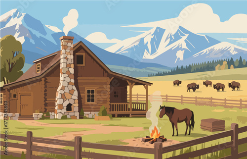 American style rural residential architecture and scenery, vector graphics