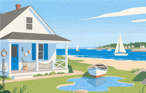 American style rural residential architecture and scenery, vector graphics