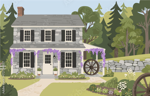 American style rural residential architecture and scenery, vector graphics