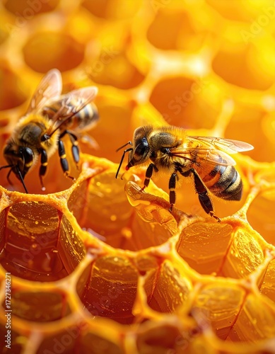Close up of two honey bees working on a golden honeycomb structure.