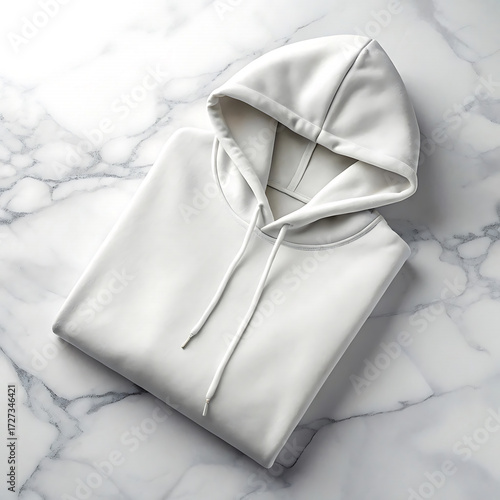 A clean white hooded sweatshirt folded neatly on a white marble surface with soft lighting