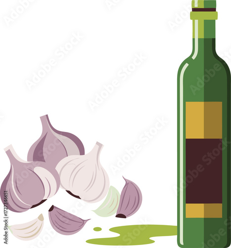 Illustration of a green olive oil bottle and fresh garlic bulbs, representing essential ingredients in Italian cuisine and Mediterranean cooking