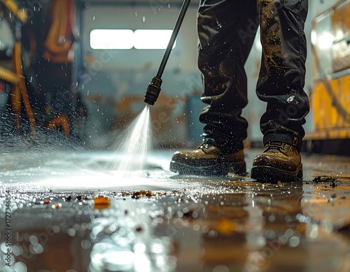Industrial cleaning in progress.  Worker using power washer