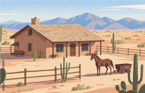 American style rural residential architecture and scenery, vector graphics