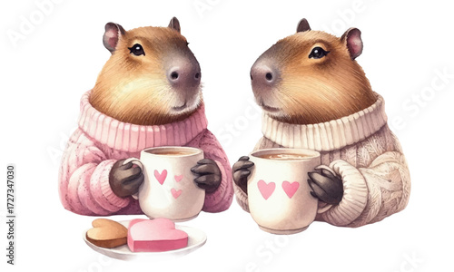 Capybaras drinking hot drink, love, heart, sweets, cookies, Valentine's Day. in watercolor style, for packaging, cards and graphic design. Vector.