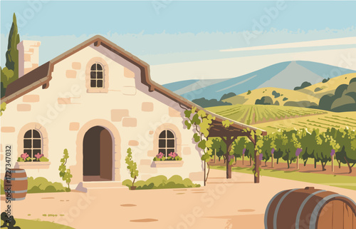 American style rural residential architecture and scenery, vector graphics
