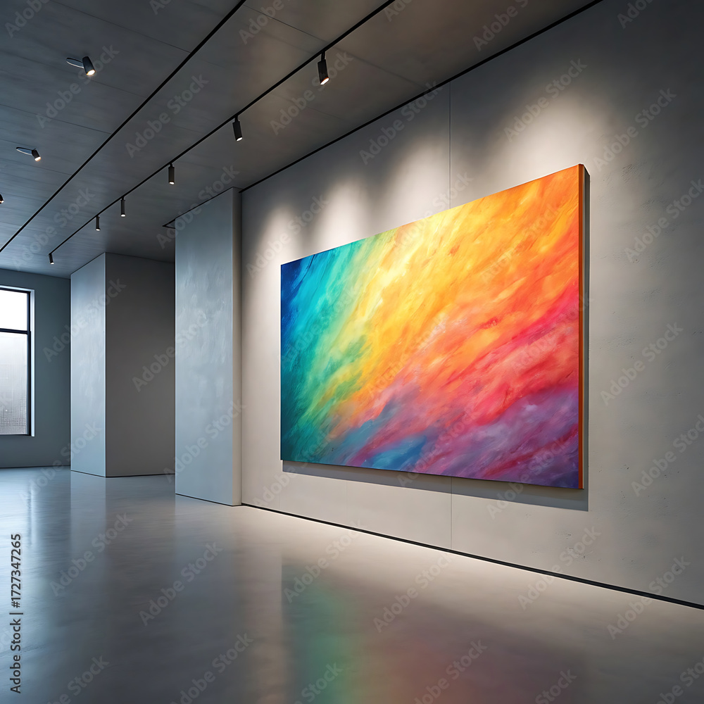 Fototapeta premium Vibrant abstract artwork displayed in a modern art gallery with dramatic spotlighting on the canvas
