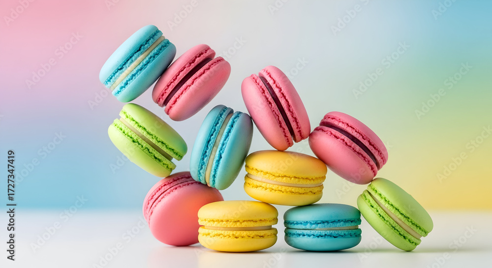 Obraz premium Colorful macarons stacked on top of each other against a pastel background.