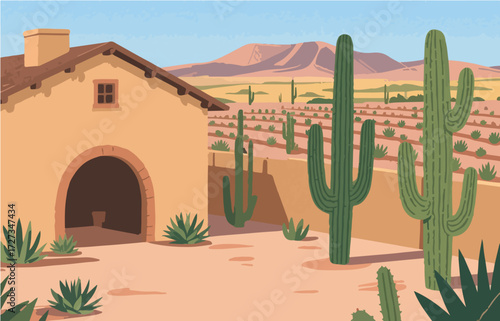American style rural residential architecture and scenery, vector graphics