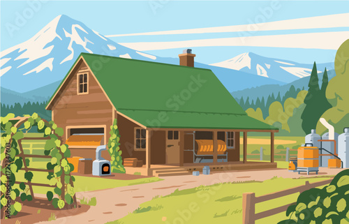 American style rural residential architecture and scenery, vector graphics