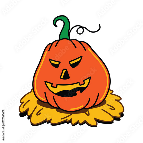 A cartoon illustration of a menacing Halloween pumpkin with a carved face sitting on a pile of yellow hay, isolated on a white background.
