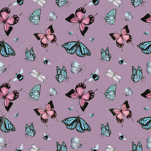 Seamless pattern with butterflies. Hand drawn watercolor illustration.