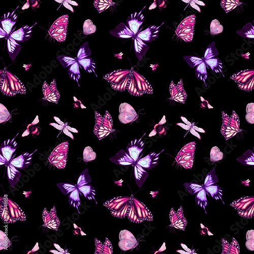 Seamless pattern with butterflies. Hand drawn watercolor illustration.