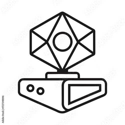Futuristic hologram projector icon with clean black outline and white background