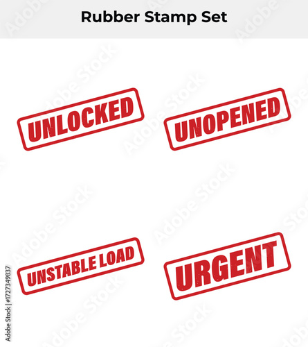 Set of Four Red Rubber Stamps with Text Unlocked, Unopened, Urgent and Load