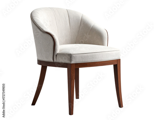 Angled Side View of Upholstered Dining Chair, Highlighting Curved Back and Wooden Legs, isolated on transparent background.