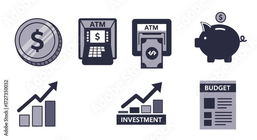 Financial Icons: A collection of simple, graphic icons symbolizing money, investment, budget, and finance, offering a visual narrative of financial concepts.