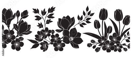 Collection of stylized black floral silhouettes and botanical elements with a textured appearance isolated on transparent background