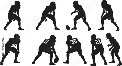 American football player silhouettes in action poses with helmets and uniforms, sports competition, athletic training, team game, vector illustration design