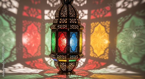 Closeup of an ornate, colorful lantern casting vibrant, geometric shadows on a white surface, creating a mesmerizing display of light and color interplay
