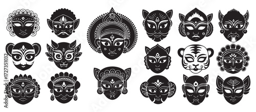 Collection of diverse tribal masks with intricate designs and fierce expressions isolated on transparent background