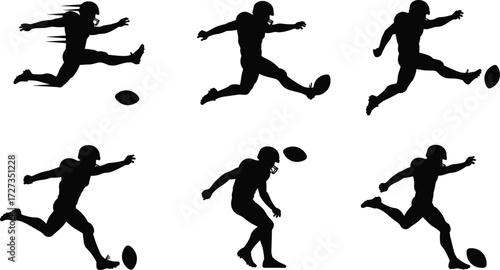 American football player silhouettes kicking ball in dynamic action poses, sports training illustration for competition, athletic energy, teamwork, fitness, vector design