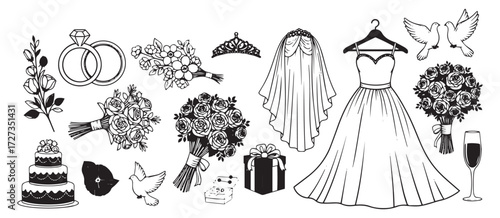 Collection of wedding elements including a bridal gown bouquets rings cake and veil isolated on transparent background