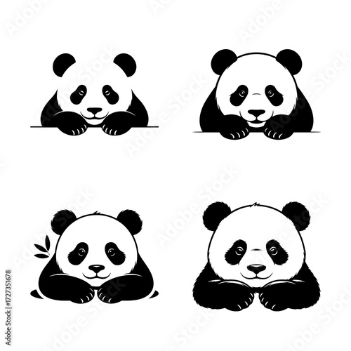 A set of four adorable panda bear illustrations peeking over a ledge. Cute and shy animal characters. Kawaii black and white icons for various designs.