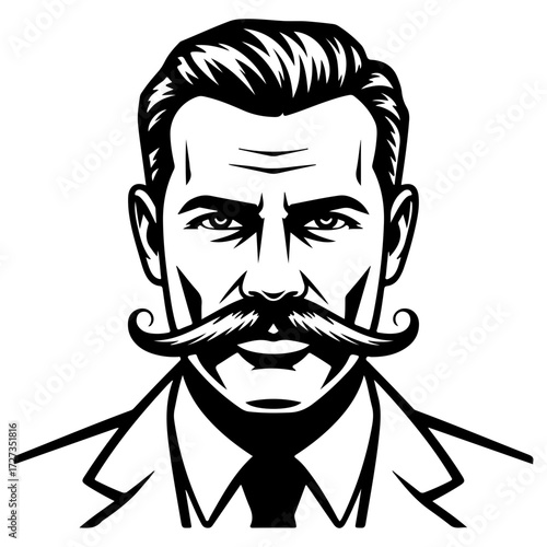 A classic black and white portrait of a dapper gentleman with a handlebar mustache. Ideal for a barbershop, men's grooming products, or a sophisticated brand logo.
