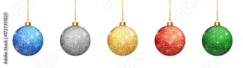 Festive colorful glitter bauble set. Christmas tree ornaments isolated vector holiday design. PNG