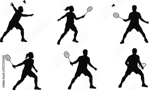 Badminton player silhouettes vector illustration showing dynamic sports poses with racket and shuttlecock, athletic action design for fitness, competition, training