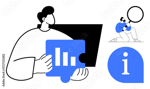 Person presenting bar chart puzzle piece, investigator examining data with magnifier, information bubble. Ideal for teamwork, data analysis, strategy, research, problem-solving, innovation simple
