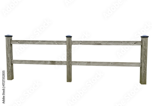 Quadro su tela Isolated two-rail rustic wooden garden fence section with flat post caps against