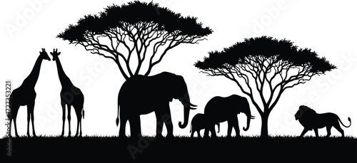 African savanna silhouette, wildlife illustration, giraffes elephants lion, black and white art, nature scene, safari animals, ecosystem concept, jungle habitat design