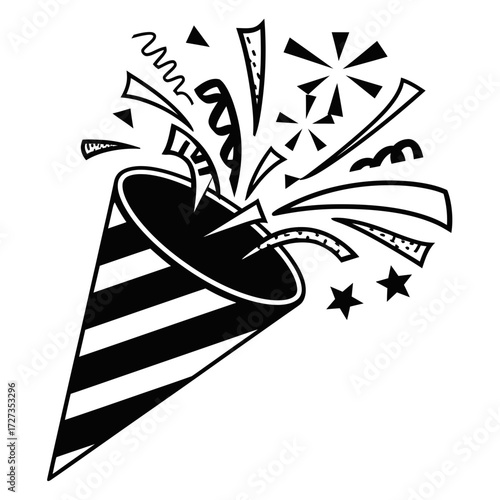 A simple black and white graphic illustration of a party popper exploding with confetti