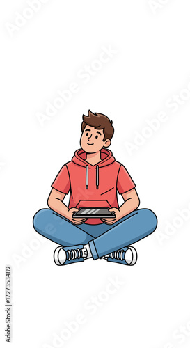 Cartoon Young Man Cross-Legged Playing Console Game With Joyful Expression