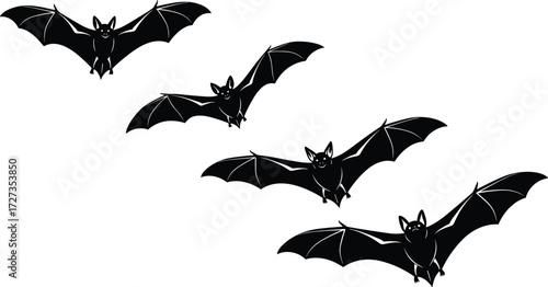 Bat silhouette illustration, black and white flying poses, Halloween theme design, nocturnal animal artwork, gothic nature concept, winged creature vector art