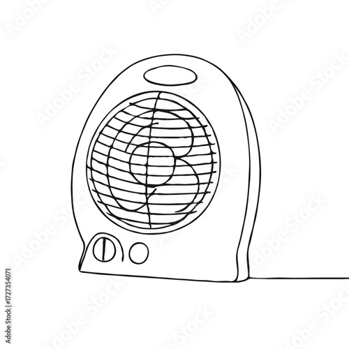 Electric fan heater illustration in minimalist black line art style on white background. Ideal for appliance manuals, home catalogs, or climate control design projects