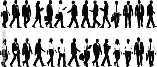 Business people silhouettes walking, corporate interaction poses, professional attire, office environment, teamwork concept, communication gesture, workplace diversity, business motion illustration