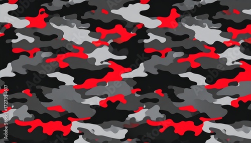 Abstract camouflage pattern in red, grey, and black