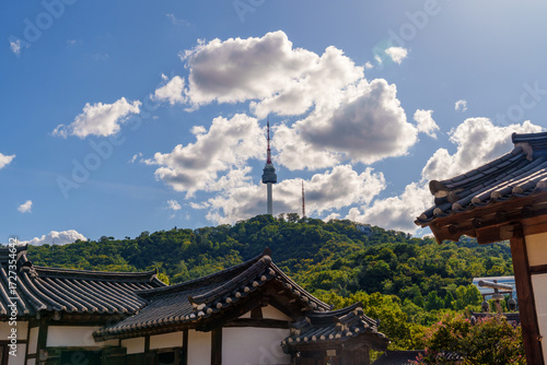 Wallpaper Mural Namsangol Hanok Village and Seoul Tower Seoul's landmarks include a well and an ancient pavilion with a clear view of Seoul Tower. Torontodigital.ca
