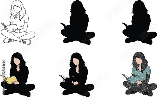 Black silhouette woman reading book in various sitting positions, cross legged, side view, front view, leisure study, education concept illustration