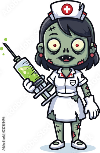 Cartoon zombie nurse vector illustration, undead medical character, horror hospital design, creepy monster artwork, scary nurse zombie holding syringe with toxic liquid graphic