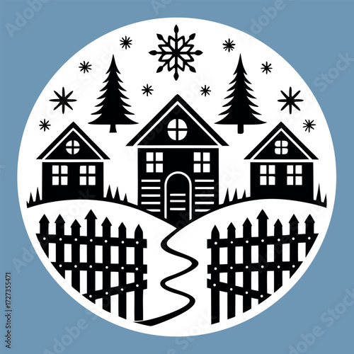 Black Colour snow village Vector Illustration, Solid White Background (1).eps