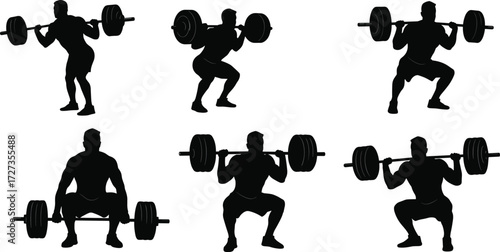 Black silhouettes of athletes performing barbell squats and deadlifts, strength training vector illustration for bodybuilding, gym workout, powerlifting, and fitness design