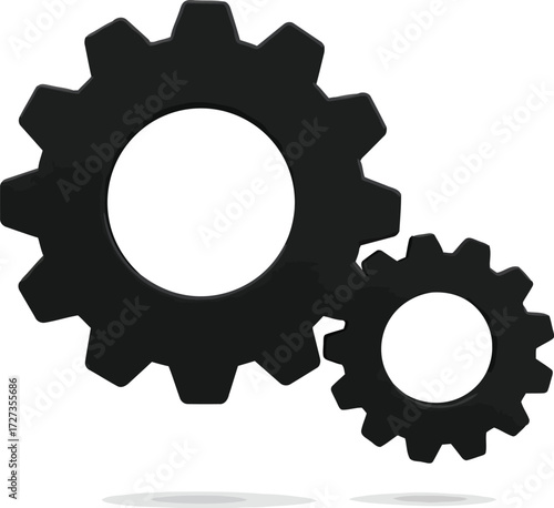 Two interconnected black gears symbolizing teamwork cooperation and mechanical engineering processes vector