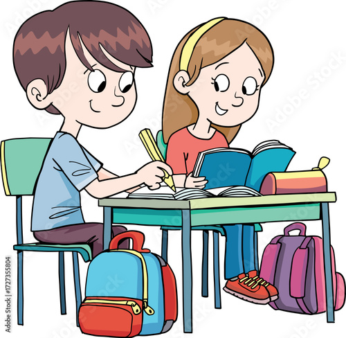 Children sit in the school desk and study
