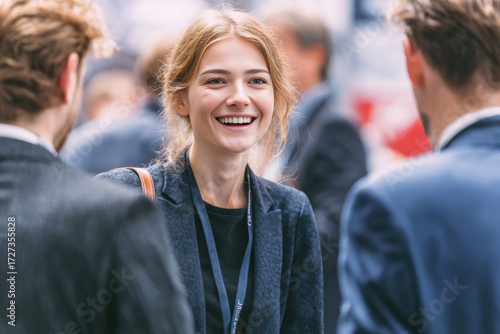A networking reception, businesspeople engage in lively conversation, sealing new partnership with smiling. The setting is casual yet professional, encouraging open dialogue.