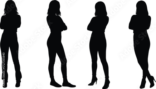 Black silhouettes of confident women standing with arms crossed in various poses, fashion vector illustration for design, empowerment, and body language