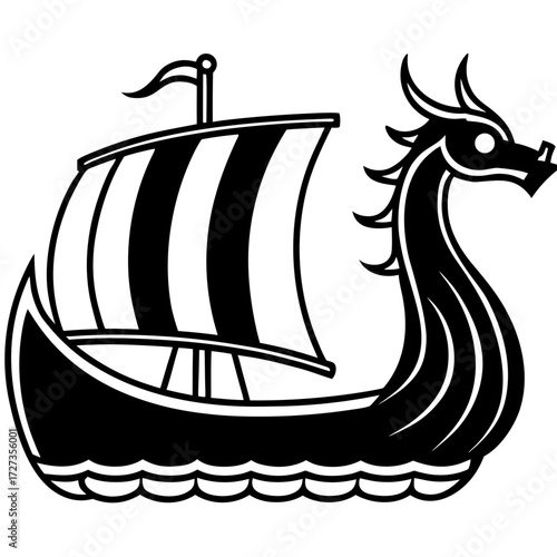 A black and white illustration of a viking longship with a dragon head